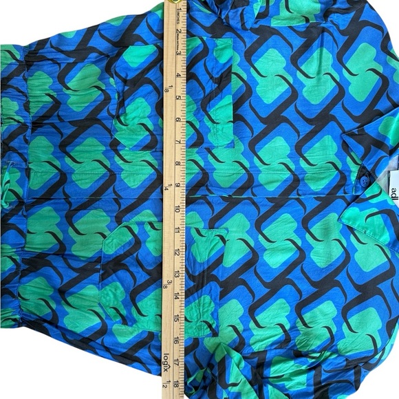 adL Blue, Green, Black Patterned Jumpsuit Romper with Cinched Waist and Collar. - Picture 6 of 8